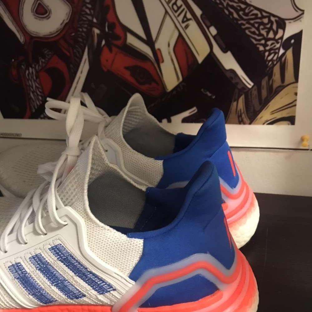 Adidas Ultraboost 20 White and Blue Sneakers with Red Accents - Picture 3 of 9